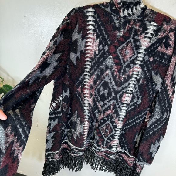 Lucky Brand tribal print kimono fringe Aztec sweater red black medium SP206 - Picture 9 of 11